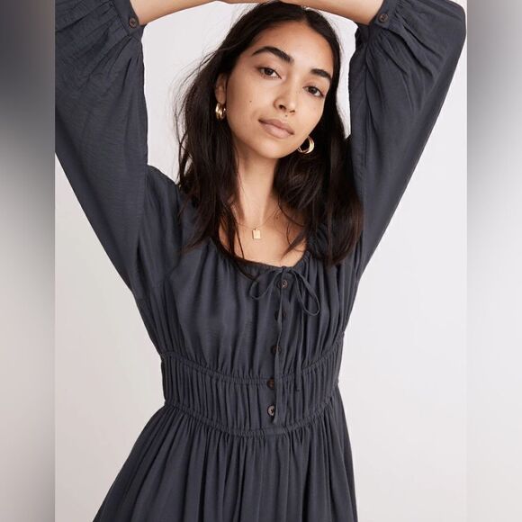 Madewell Petite Twill Sophia Midi Blue Dress Blouse Long Sleeve Size L - Picture 3 of 12